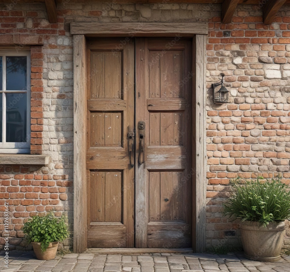 Worn wooden door with chipped paint in a quaint countryside cottage, vintage, patina, texture Worn wooden door with chipped paint in a quaint countryside cottage, vintage, patina, texture