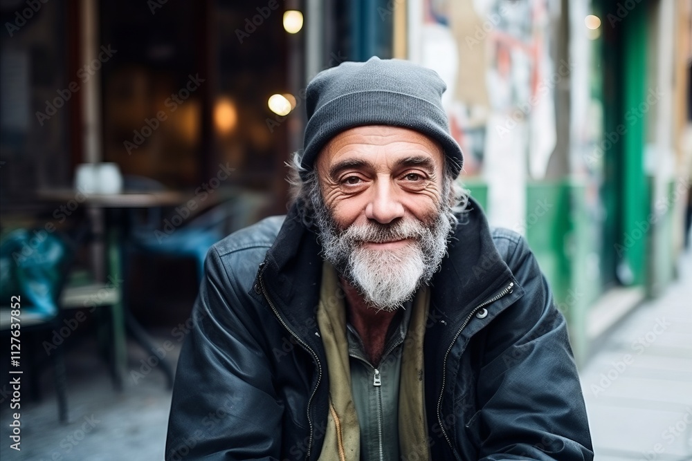 Portrait of an old man with a gray beard in a cap on a city street Portrait of an old man with a gray beard in a cap on a city street