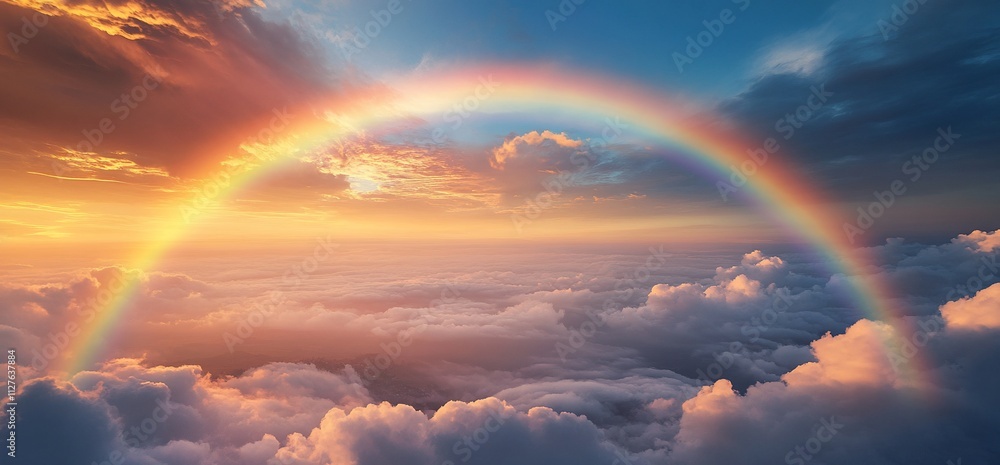 Aerial view of a vibrant rainbow arching over a sea of clouds during sunset. Aerial view of a vibrant rainbow arching over a sea of clouds during sunset.