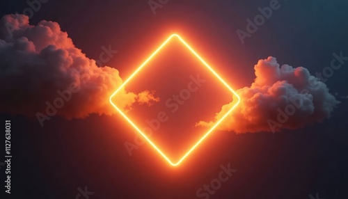 Wallpaper Mural Neon orange, yellow light forms diamond shape fluorescent frame in dark sky with clouds. Abstract design evokes futuristic, vibrant visuals. Suitable for tech, graphic design projects innovative Torontodigital.ca