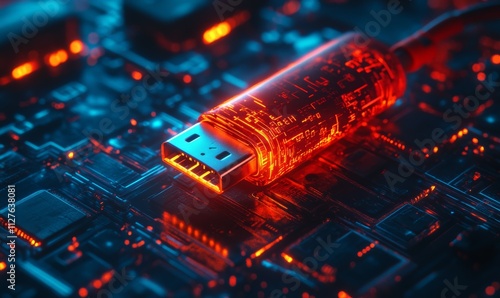 Malware infection concept, infected USB drive with glitch effect on digital background, representing tech security threats photo