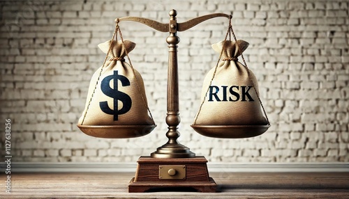 Risk assessment/risk analysis and management concept : Dollar and risk bags on basic balance scale, depict evaluation of financial risk that investor involved in stock, futures and derivative market