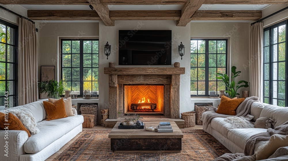 A cozy and inviting living room setting with a rustic charm, featuring a warm fireplace, comfortable sofas, and large windows overlooking a serene outdoor view. A cozy and inviting living room setting with a rustic charm, featuring a warm fireplace, comfortable sofas, and large windows overlooking a serene outdoor view.