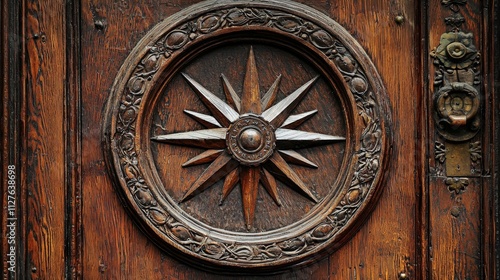 A vintage-style wooden compass rose, expertly carved into a rustic door, offers a timeless design full of maritime history and nautical charm. Perfect for historical or interior design themes. AI photo