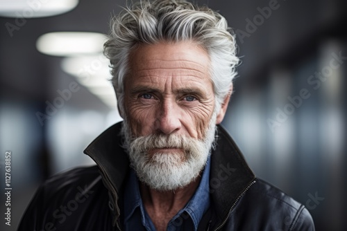 Portrait of a senior man with white beard in a leather jacket.