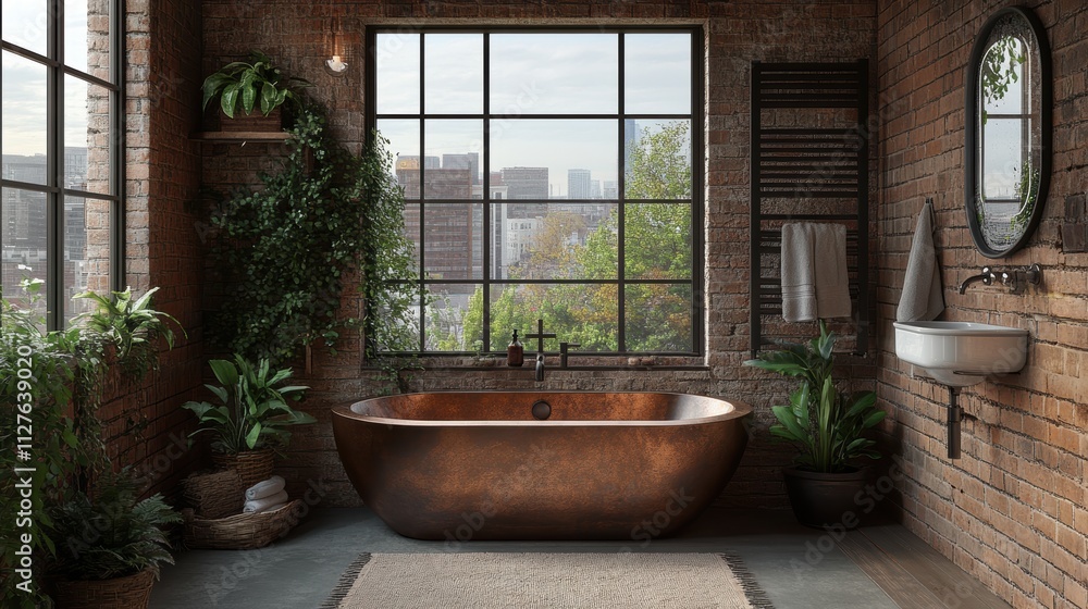 A beautifully designed rustic bathroom with large windows offers a stunning view of a cityscape, blending natural elements with urban sophistication. A beautifully designed rustic bathroom with large windows offers a stunning view of a cityscape, blending natural elements with urban sophistication.