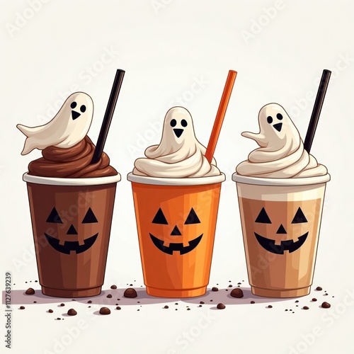 Halloween drinks in cups. Ghost shaped whipped cream. Pumpkin faces on cups. Different drinks. Cool drinks for Halloween party. Spooky treats for a celebration. Fun for spooky season. photo