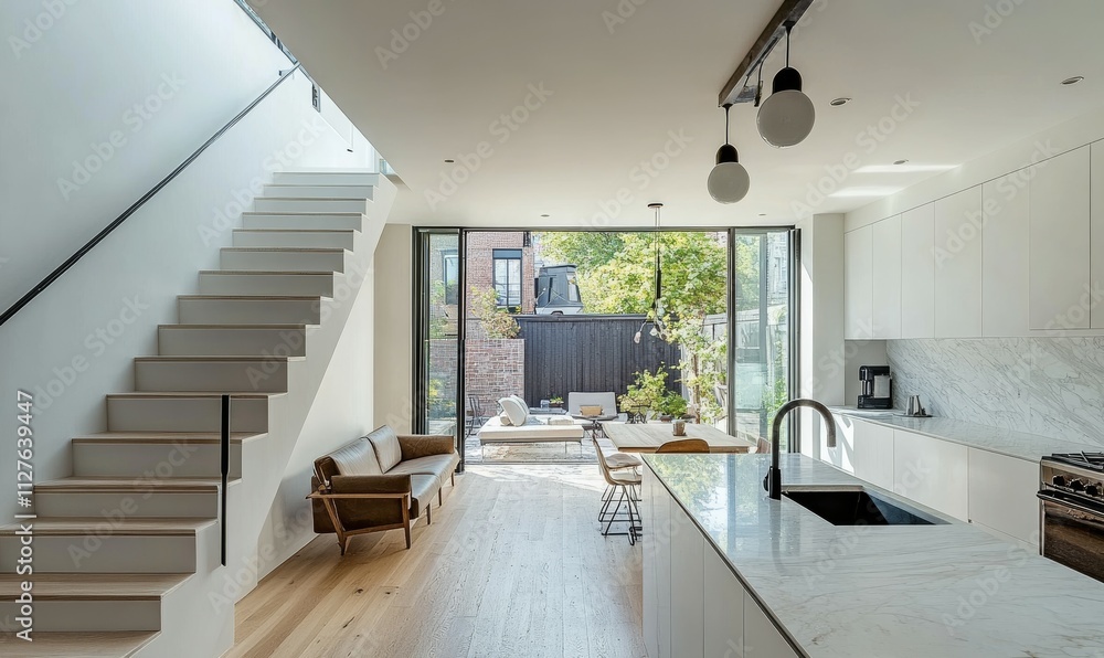 custom made wallpaper toronto digitalModern-style interior design of a small suburban townhouse with a double-height space, featuring an open kitchen and living room connected by a white marble staircase