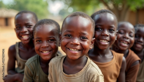 Smiling children in rural African village. Children happy, display resilience. Community spirit apparent. Likely students. Setting likely educational center. Photo captures joy, optimism.