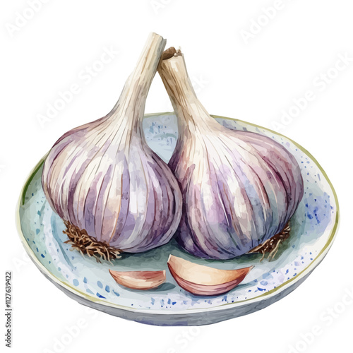 watercolor garlic on plate Front View. Traditional Persian New Year garlic, isolated on a white background, The 7 'S' of Iranian New Year, Iranian New Year	