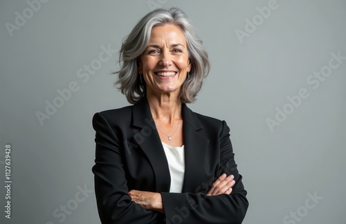 Confident woman with gray hair smiles confidently. Wears black blazer, arms crossed. Modern mature woman in business attire expresses self-assuredness. Pro headshot suitable for business profile