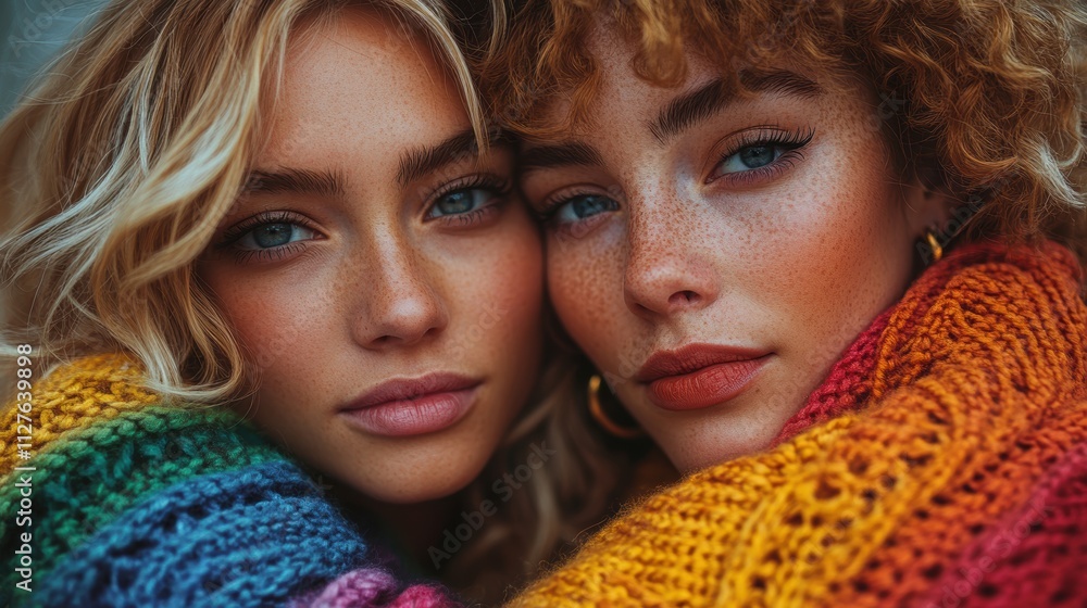 Obraz premium A captivating image featuring two individuals closely embracing each other with warmth, wrapped in a vibrant and colorful knitted scarf, exuding a sense of togetherness and unity.