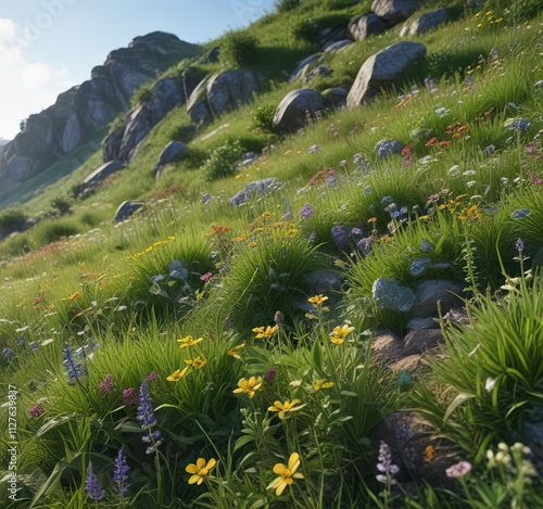 Overgrown wildflowers at the base of a hill with lush grass , foliage, growth, flowers photo