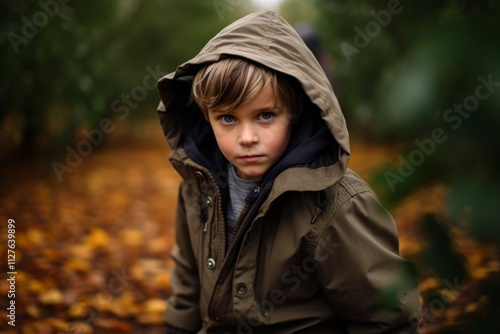 Portrait of a boy in a raincoat in the autumn forest