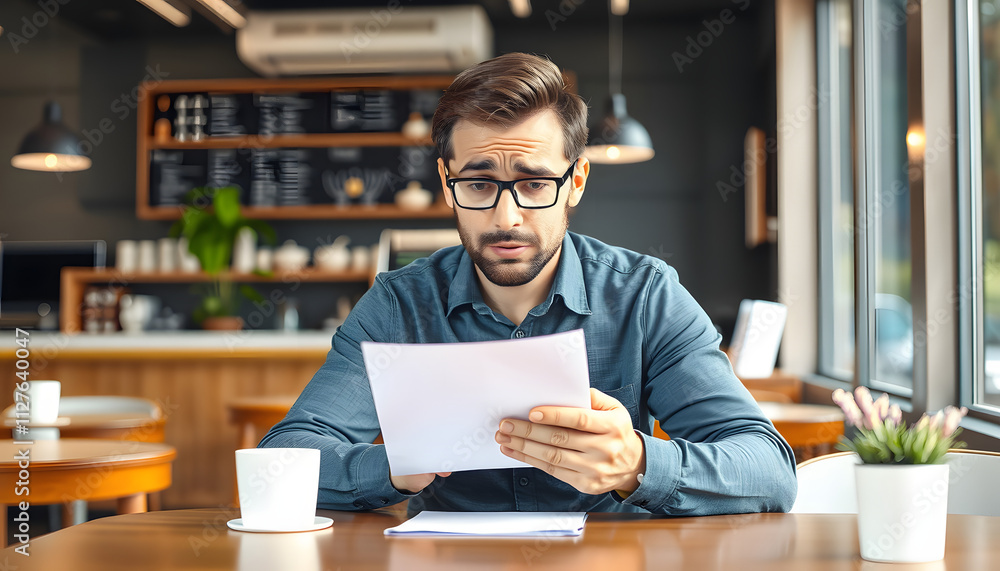 Confused frustrated man reading letter in cafe, receiving bad news isolated with white highlights, png Confused frustrated man reading letter in cafe, receiving bad news isolated with white highlights, png