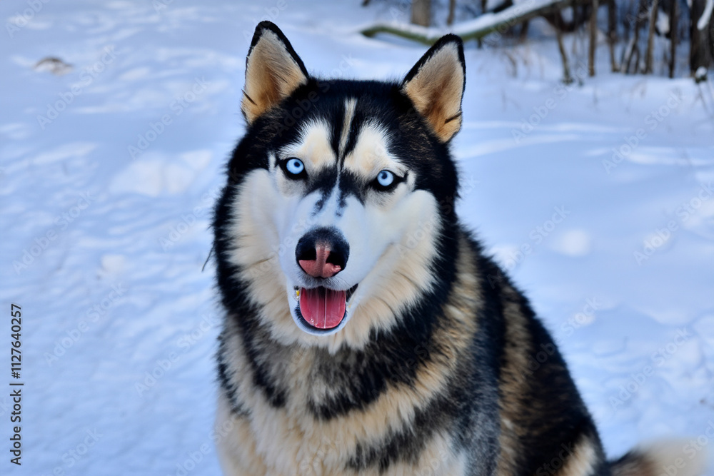 Husky dog with blue eyes sitting the snow. A husky is a dog winter with snow. Husky lying the snow in the forest. A husky lying in the snow in a forest in winter lifestyle. Husky dog with blue eyes sitting the snow. A husky is a dog winter with snow. Husky lying the snow in the forest. A husky lying in the snow in a forest in winter lifestyle.