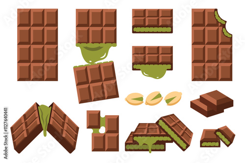 Set of Dubai Chocolate, Green Kunafa and pistachio stuffed inside a chocolate bar, broken pieces of Chocolate isolated set collection, simple flat vector illustration.