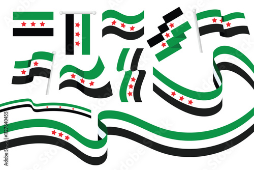 Set of new Flag of Syrian Arab Republic, symbol of Syria, wavy ribbon with Syrian national flag, Freedom for Syria. 8th December, national day, Vector illustration.