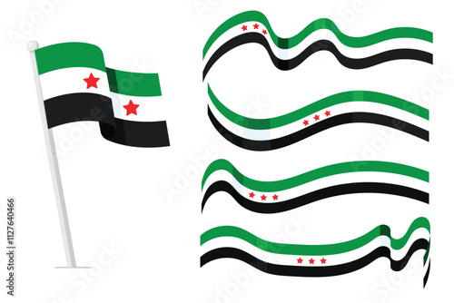 New Flag of Syrian Arab Republic, symbol of Syria, wavy ribbon with Syrian national flag, Freedom for Syria. 8th December, national day, Vector illustration.