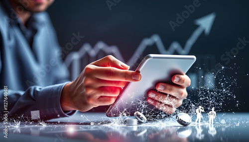 Economic crash concept with man using a tablet isolated with white highlights, png