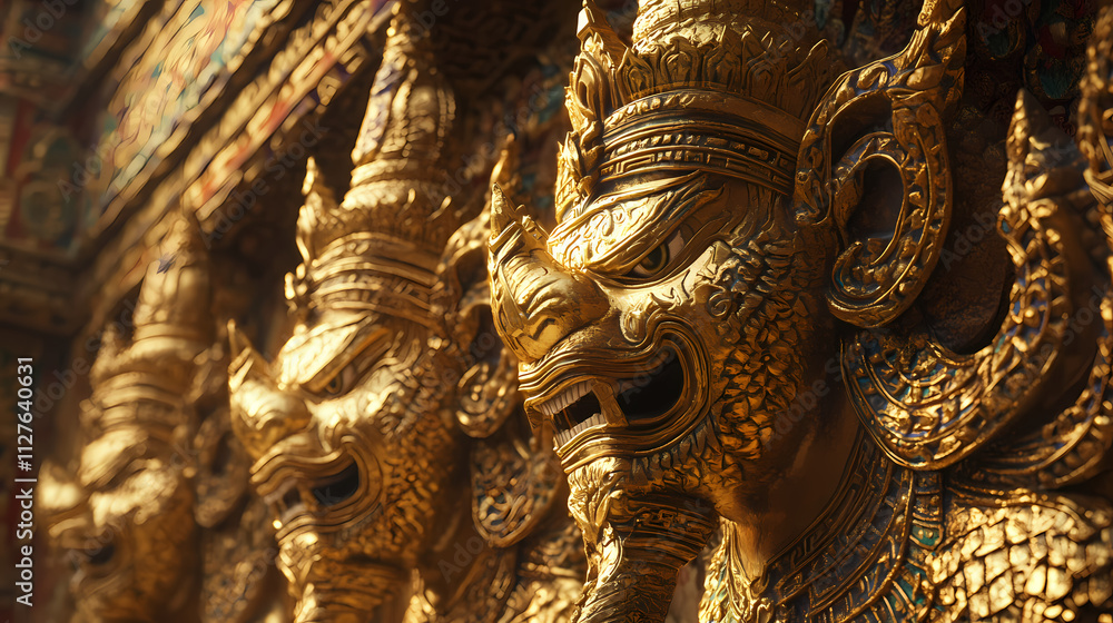 Obraz premium Golden statues of mythical creatures in ancient temple showcase intricate craftsmanship and opulence. stunning details and rich colors evoke sense of wonder and history. Gilded. Illustration