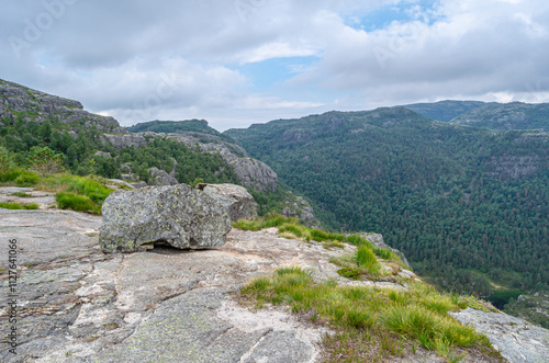 Rock formations on the route to Preikestolen (The Pulpit Rock), a tourist attraction in Rogaland county, Norway