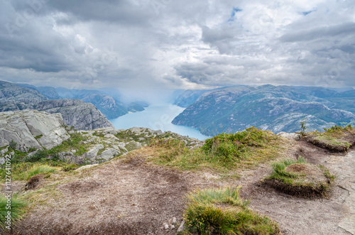 View of the Lysefjorden from Preikestolen (The Pulpit Rock), a tourist attraction in Rogaland county, Norway