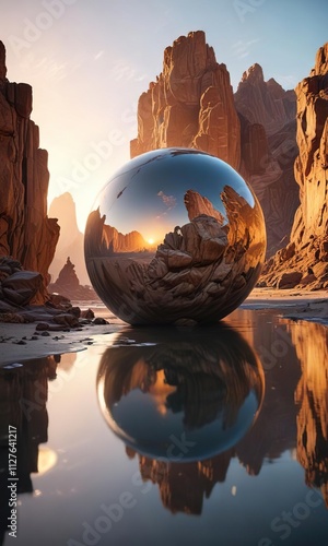 Towering rock formations stretch towards the sky during the golden hour as they are reflected in a still pool of water near the gigantic orb, atmospheric conditions, natural wonder photo