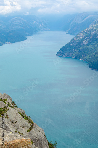 View of the Lysefjorden from Preikestolen (The Pulpit Rock), a tourist attraction in Rogaland county, Norway