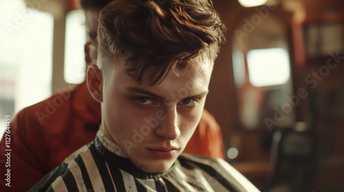 Skilled hairdresser giving a serious young man a fresh and modern look in a stylish barbershop