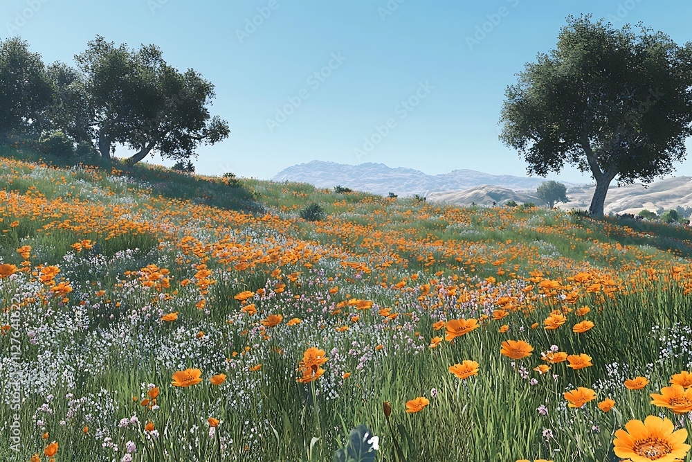 Fototapeta premium A vibrant meadow filled with orange flowers and lush greenery under a clear blue sky.