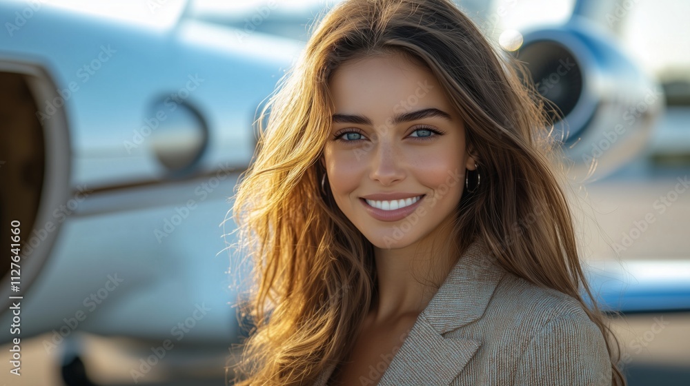 A smiling woman stands confidently beside an airplane. A smiling woman stands confidently beside an airplane.
