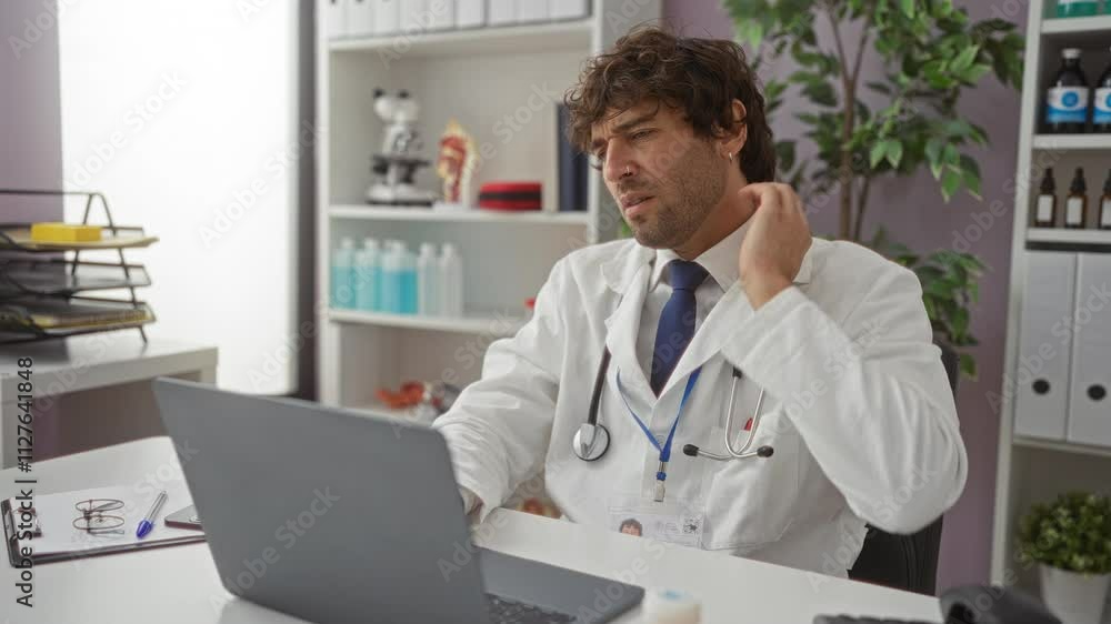 Doctor sitting at desk indoors with neck pain in a clinical office environment, wearing a stethoscope and white coat while using a laptop for work purposes Doctor sitting at desk indoors with neck pain in a clinical office environment, wearing a stethoscope and white coat while using a laptop for work purposes