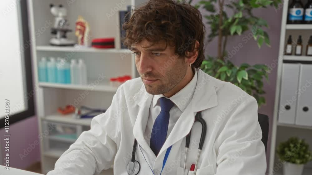 Doctor in white coat working on laptop at a medical clinic with a stethoscope around the neck, focused on the screen in a professional healthcare setting. Doctor in white coat working on laptop at a medical clinic with a stethoscope around the neck, focused on the screen in a professional healthcare setting.