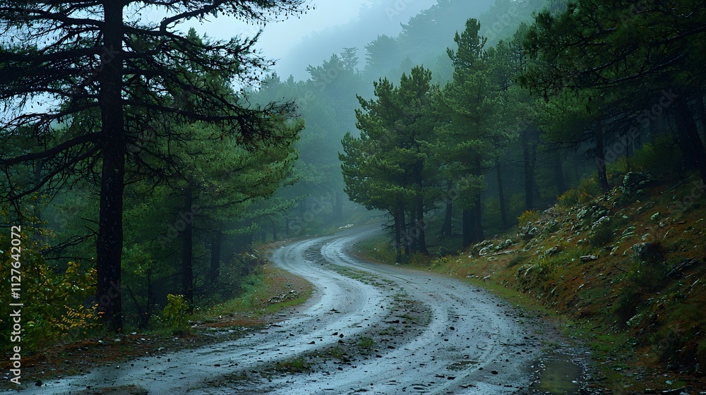 Naklejka premium Rain soaked mountain road, twisted trees sway violently, heavy rain and fog obscure the path, creating a tense and dangerous wilderness atmosphere