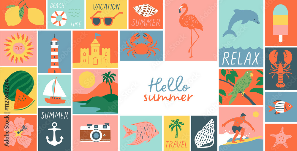 Fototapeta premium Hello summer vintage mosaic illustration. Retro style beach vacation drawing collection, summertime season background template, tourism landscape banner. 