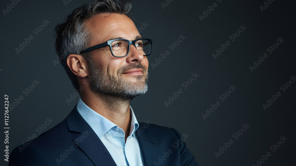 Confident and optimistic businessman with eyeglasses smiling in studio portrait on a grey background Confident and optimistic businessman with eyeglasses smiling in studio portrait on a grey background
