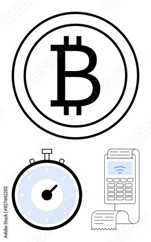 Bitcoin symbol stopwatch and POS terminal. Ideal for cryptocurrency, finance, transactions, digital payments, speed, efficiency, modern technology. Line metaphor