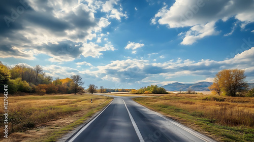 Illustration image of landscape with country road, empty asphalt road on blue cloudy sky background. Multicolor vibrant outdoors horizontal image, Generative AI illustration