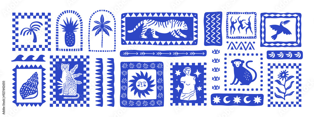 custom made wallpaper toronto digitalRetro hand drawn tropical summer shape set. Jungle nature illustration collection. Vintage exotic clip art of palm tree, tiger and flower. Geometric mosaic style element bundle.	