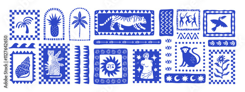 Retro hand drawn tropical summer shape set. Jungle nature illustration collection. Vintage exotic clip art of palm tree, tiger and flower. Geometric mosaic style element bundle.	
