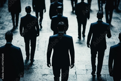 A gathering of enigmatic figures in suits exploring themes of connection and financial control photo