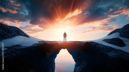 Solitary figure standing before a rockslide on a rugged mountain path, dramatic light piercing through cloudy skies, symbolizing resilience and determination