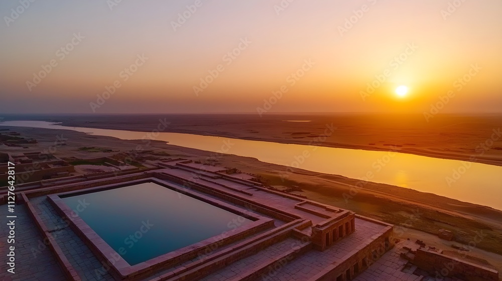 Mohenjo-Daro ruins from above at sunset, orange hues reflecting off ancient bricks, vast desert extending beyond, a silent historic echo--style raw Mohenjo-Daro ruins from above at sunset, orange hues reflecting off ancient bricks, vast desert extending beyond, a silent historic echo--style raw