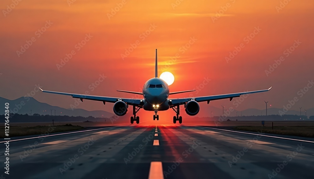 Naklejka premium Airplane lands on runway at sunset. Sky orange, red. Plane silhouetted against fiery sky. Travel, tourism photo. Beautiful moment of travel. Perfect for vacation travel agencies. Travel concept