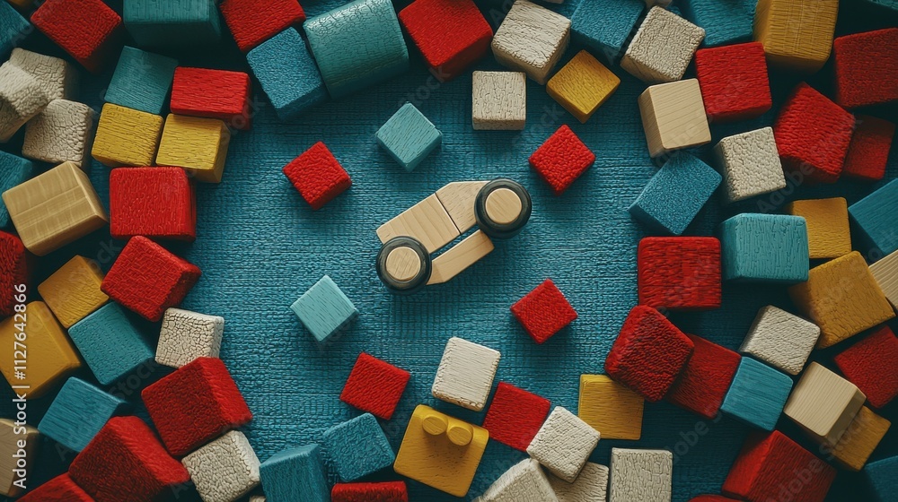 Playful toy car surrounded by colorful blocks on blue background creative layout child's playtime Playful toy car surrounded by colorful blocks on blue background creative layout child's playtime