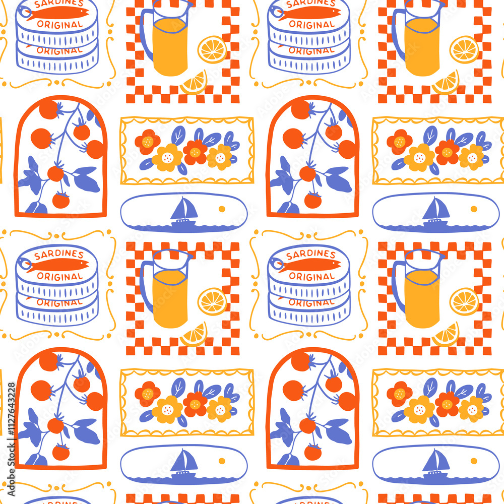 Retro hand drawn summer seamless pattern. Traditional patchwork style background illustration. Vintage mediterranean vacation textile print, fine art texture with tomato, sea, flower. Retro hand drawn summer seamless pattern. Traditional patchwork style background illustration. Vintage mediterranean vacation textile print, fine art texture with tomato, sea, flower.