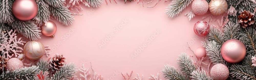 Pink Christmas background with fir branches and stars Pink Christmas background with fir branches and stars