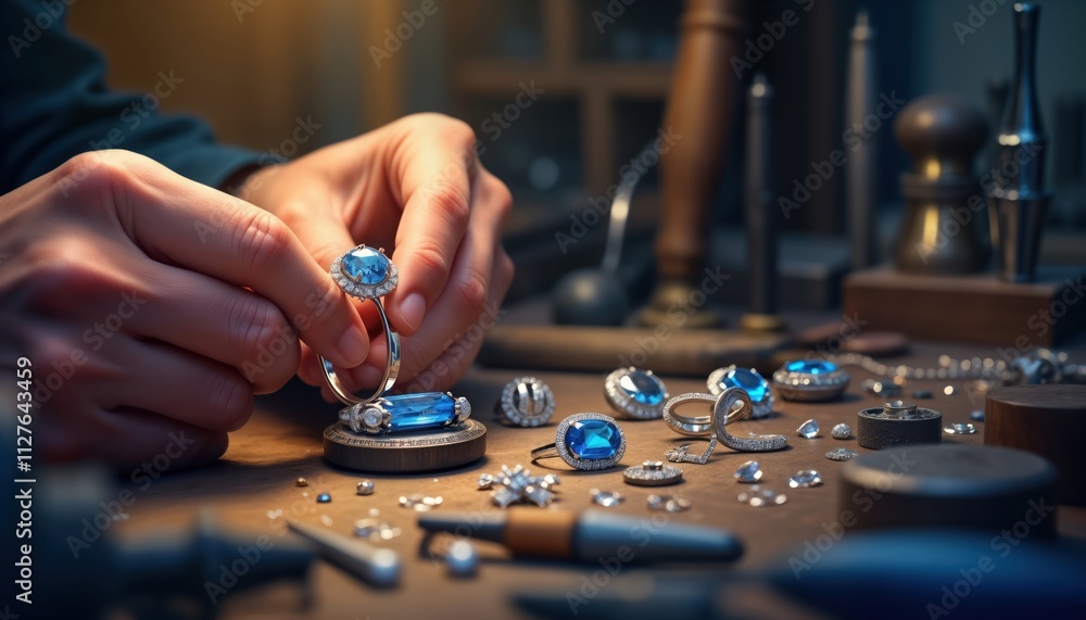Jeweler meticulously sets sapphire diamond ring in workshop. Many jewelry pieces, professional tools on wooden workbench. Expert craftsman works on precious gems. Luxury jewelry making process. Jeweler meticulously sets sapphire diamond ring in workshop. Many jewelry pieces, professional tools on wooden workbench. Expert craftsman works on precious gems. Luxury jewelry making process.