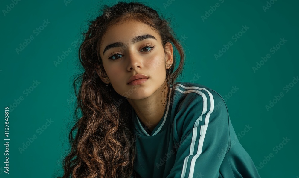 Obraz premium Portrait of a Latina girl in a studio wearing sporty attire.